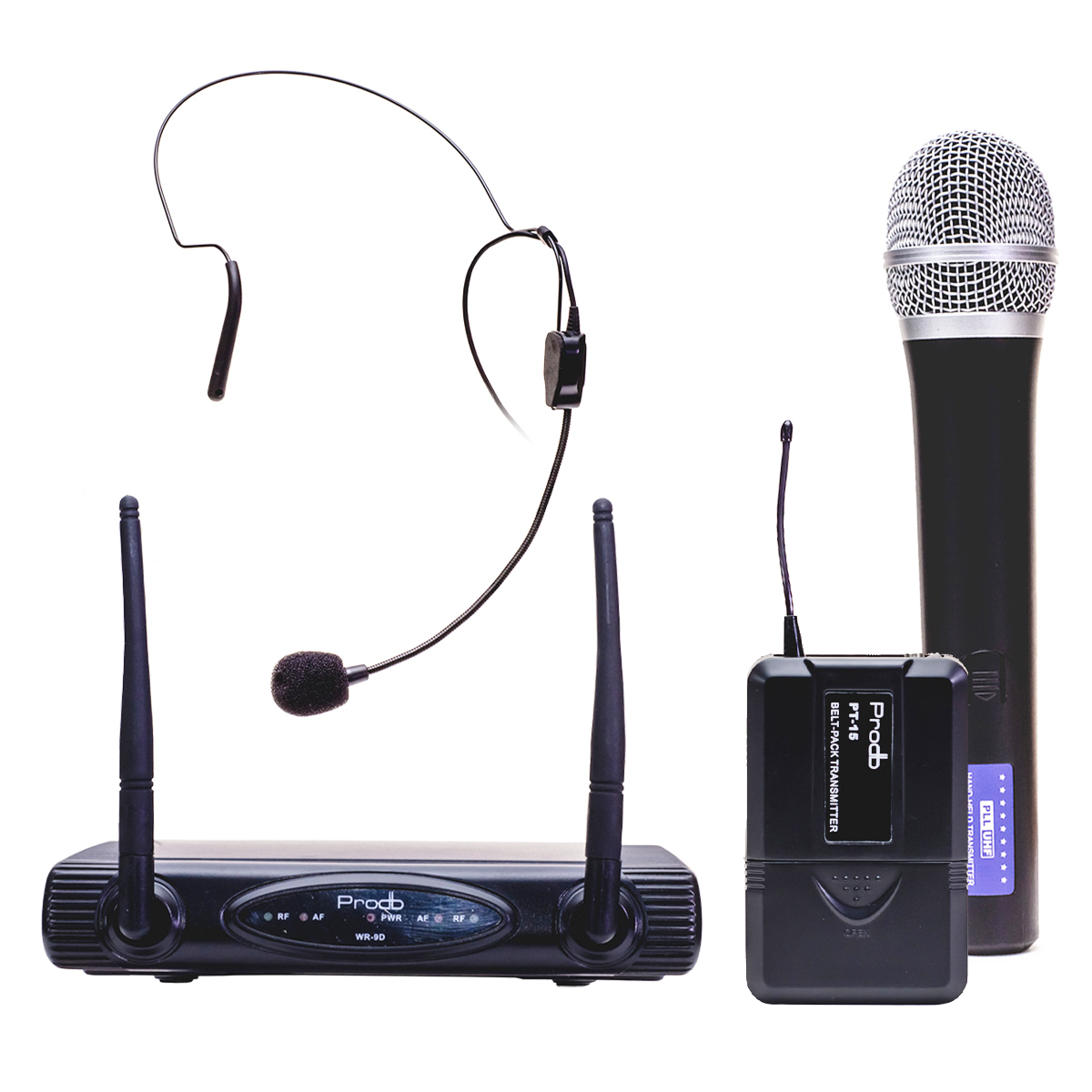 Sistema Inalámbrico UHF con microfonos de mano y cintillo Prodb
