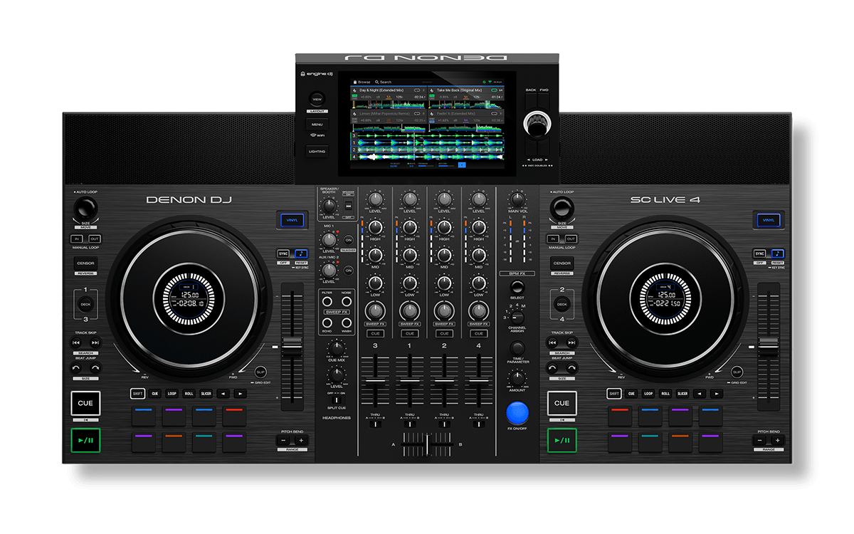 Denon Dj - SC LIVE 4 Controlador de DJ independiente todo en uno mezclador de 4 canales, Amazon Music Unlimited Streaming, Wi-Fi, altavoces, serato DJ y virtual DJ compatible